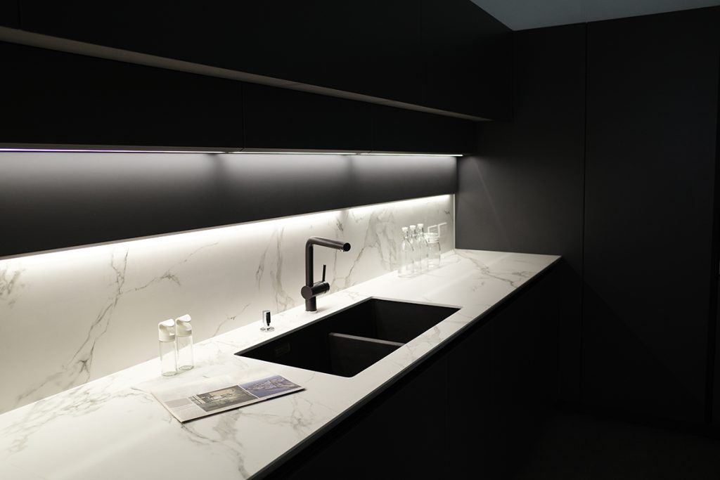 New kitchen worktop and sink with spotlights